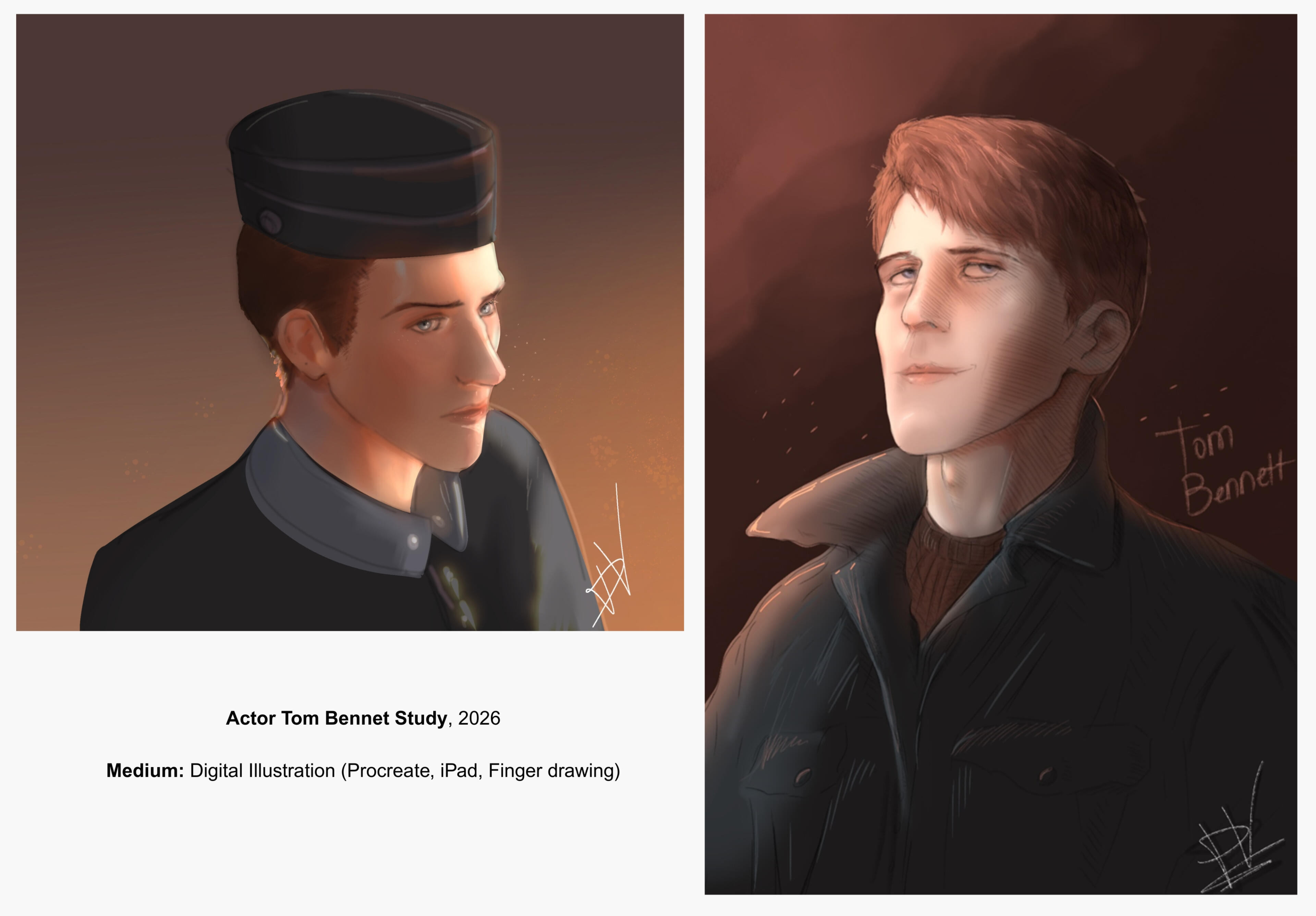 Actor Tom Bennet Study, Digital Illustration (Procreate, iPad, Finger drawing), 2026.