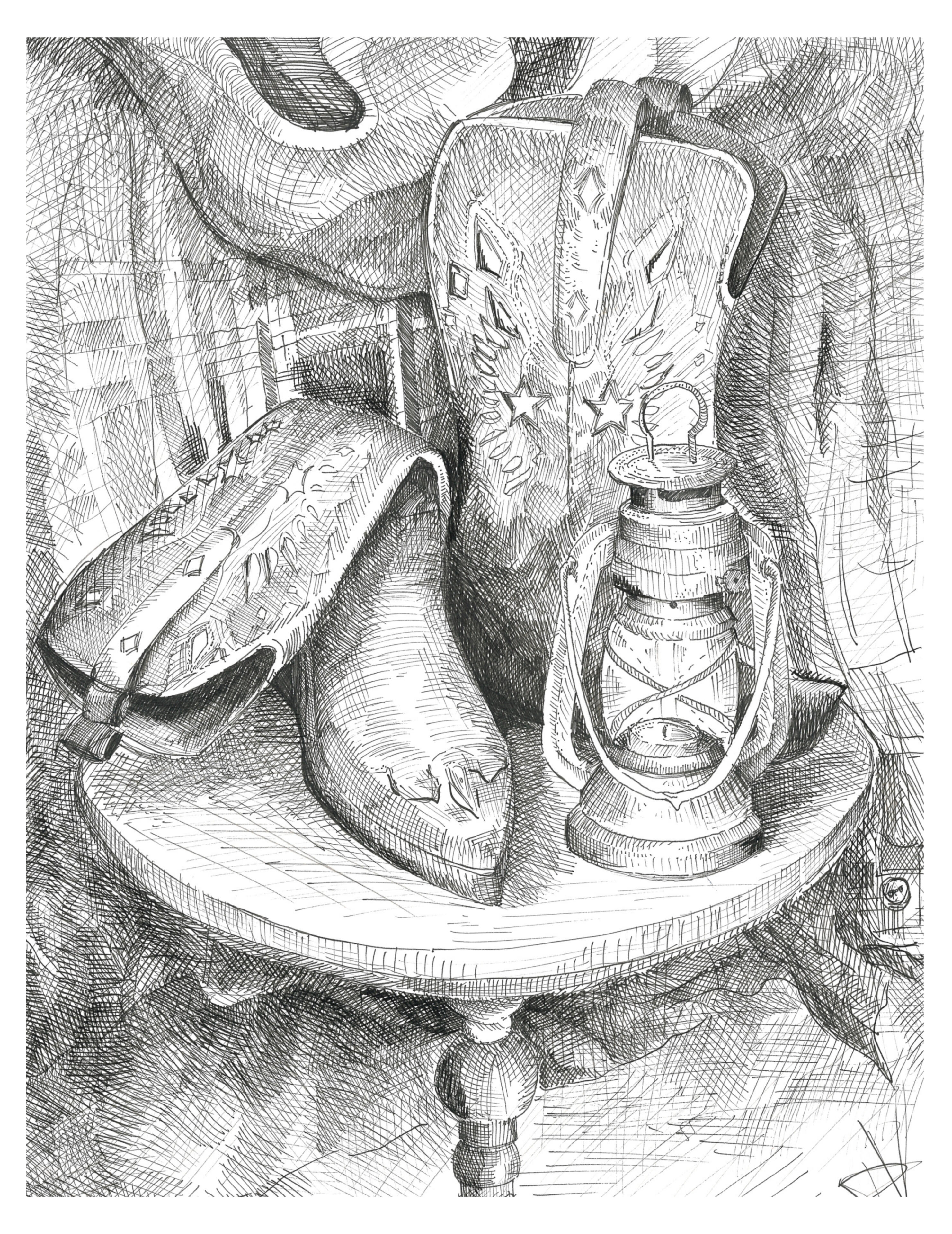 Boots and Lantern: Ink on Paper, 9x12 in, 2026