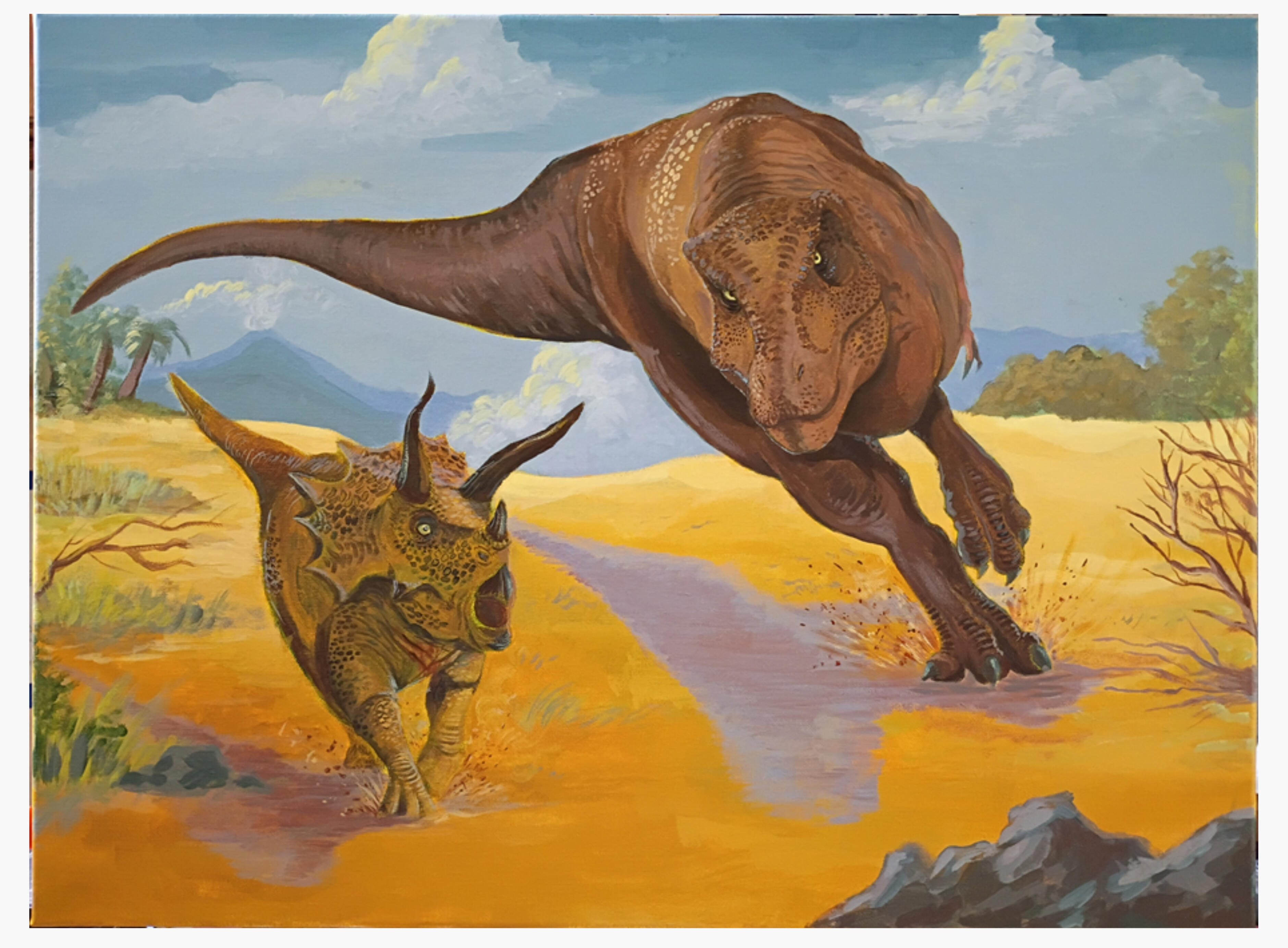 T-Rex Attacks, Acryl on Canvas, 18x24 in, 2026. Dinosaurs Study After the Filed Museum Visit.